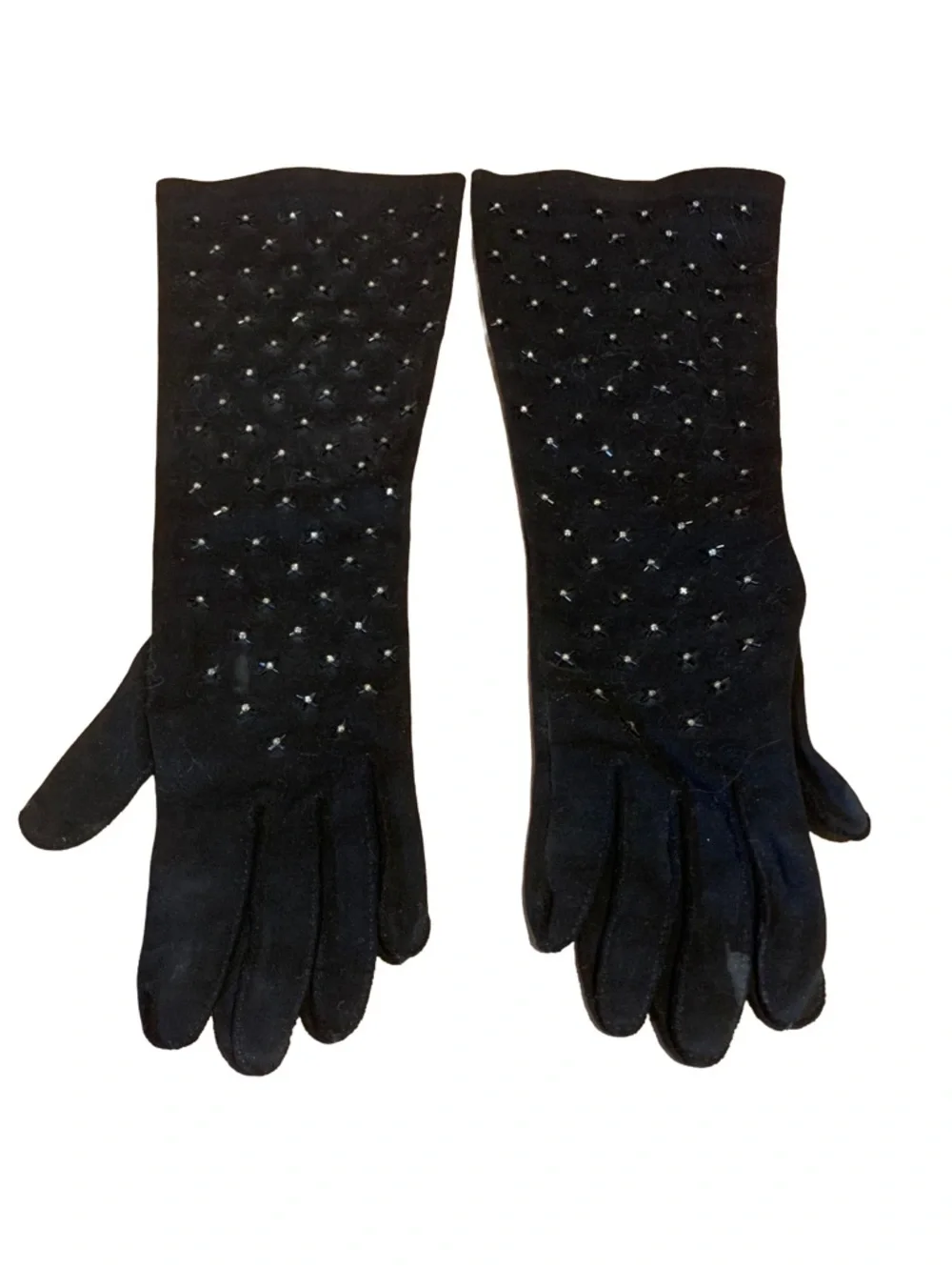 VINTAGE 1980'S CRESCENDOE BLACK SUEDE W/STRETCH RHINESTONE LONG EVENING GLOVES